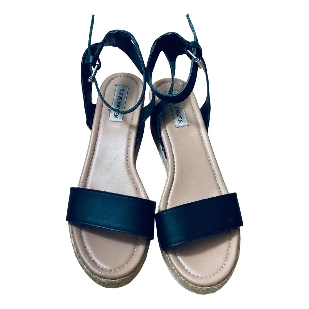 Steve‎ Madden Jewell Black Leather Cork Wedge Espadrille Sandals Women's 9.5M